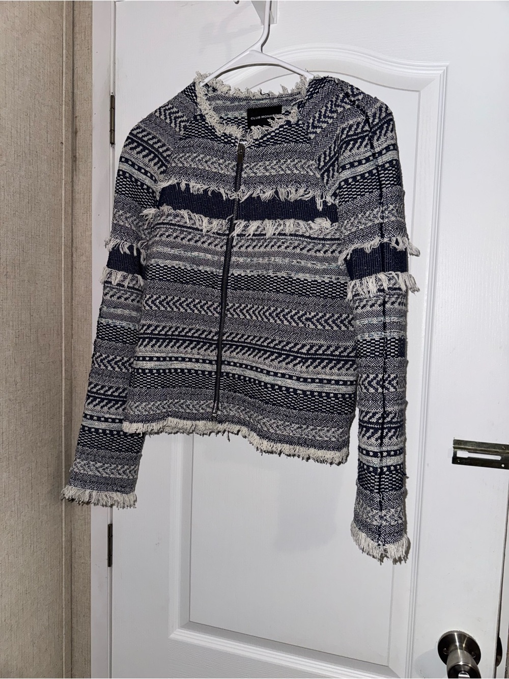 Club Monaco Navy and Cream Fringe Tweed Zip Jacket